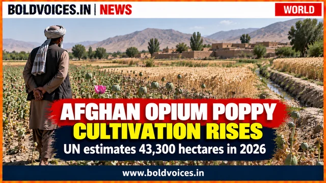 Illustrative editorial graphic showing an Afghan farmer beside agricultural fields, accompanying a report on rising opium-poppy cultivation