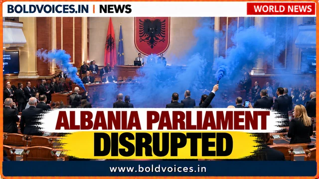 Albanian parliamentary chamber filled with blue smoke during opposition lawmakers' disruption