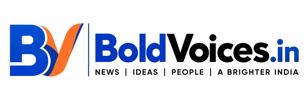 BoldVoices.in blue and orange BV monogram with BoldVoices.in wordmark and NEWS | IDEAS | PEOPLE | A BRIGHTER INDIA tagline
