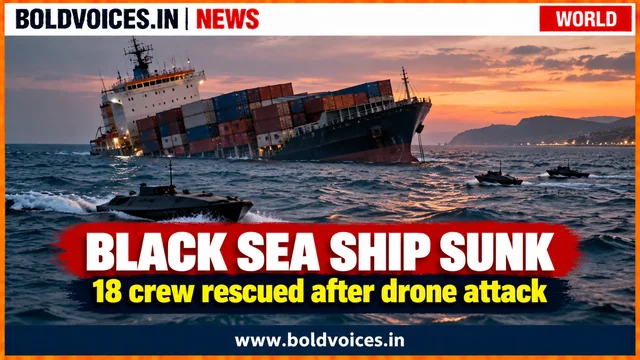 Illustrative news graphic of a container ship sinking in the Black Sea after a drone attack; all 18 crew members were rescued