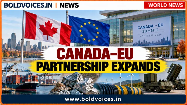 Canadian and European Union flags at a Montreal summit with trade, critical minerals, energy and defence imagery