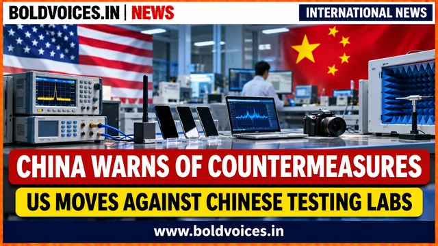 Editorial illustration of electronics testing equipment with US and China flags, illustrating the FCC restriction on Chinese testing laboratories.