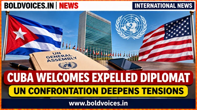 Cuba and United States flags outside the United Nations headquarters, illustrating the diplomatic dispute over the expulsion of Cuban diplomat Richard Tur.