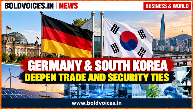 Illustrative graphic featuring German and South Korean flags with energy, manufacturing and biotechnology imagery