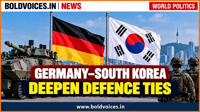 German and South Korean flags beside military equipment and soldiers, illustrating planned deeper defence cooperation between the two countries.