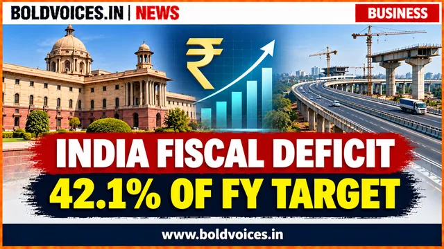 Illustrative editorial graphic showing Indian government buildings, a rupee symbol, financial chart and infrastructure