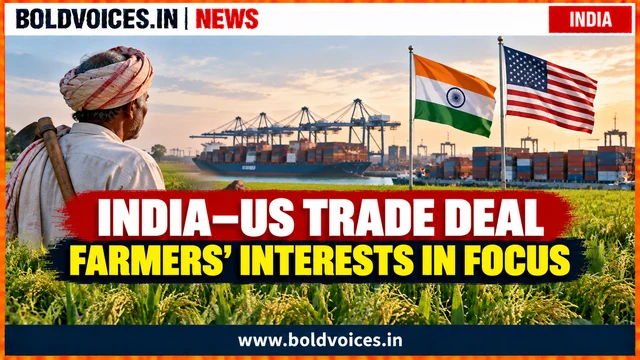 Illustrative editorial graphic showing an Indian farmer, agricultural fields, shipping port and Indian and US flags