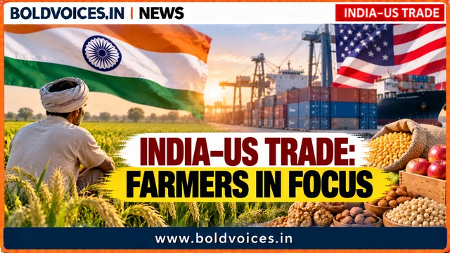 Indian farmer in a field beside Indian and US flags, shipping containers and agricultural commodities