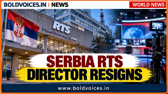 Serbian flag and RTS public broadcaster building alongside a television news studio